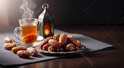 Steaming Cup of Tea and Dates on a Dark Tablecloth