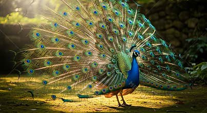 Male Peacock Displaying Vibrant Feathers in Natural Habitat