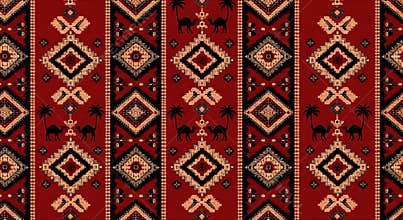 Seamless Pattern with Camels and Palm Trees on Red Carpet Background