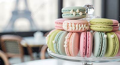 Assortment of Colored Macarons on Glass Stand in Modern Cafe