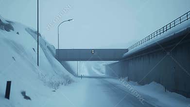 Cold winter road approaching a dark tunnel