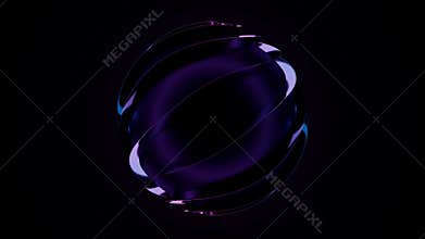 Abstract glossy purple and blue glass sphere with reflective wavy bands floating on dark background
