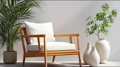 Modern Minimalist Living Room Interior With Wooden Armchair White Cushions And Decorative Indoor Plants Neutral Home Decor