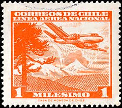 Vintage Chilean 1 Milesimo Airmail Stamp Featuring a Propeller Plane Over the Andes Mountains