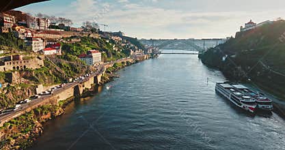 Porto city and Douro River with bridges view at golden hour