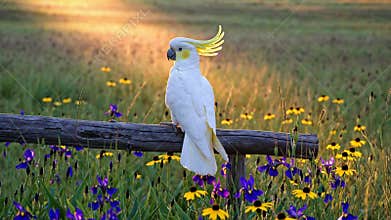 AI-Generated white cockatoo with a yellow crest sits on a weathered wooden fence amidst a field