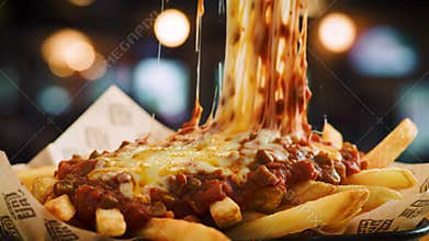 Delicious chili cheese fries being served with a generous helping of melted cheese, creating a visually appealing and
