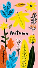 Bright and cheerful autumn illustration showcases vivid flowers and leaves against a soft pink background, celebrating the essence