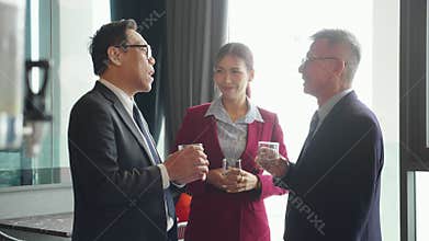 Group asian business people discussion at conference in office after break, collaboration teamwork and networking for marketing,