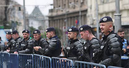 Romanian riot police (jandarmi or gendarmes) during a protest.