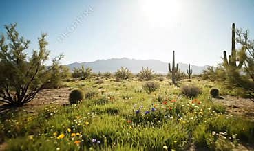 Arid landscape with cacti and mountains in the background