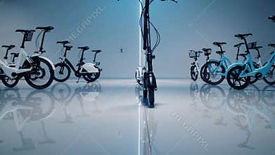 Electric scooters displayed in a futuristic showroom, perfect for showcasing modern urban mobility options and eco-friendly