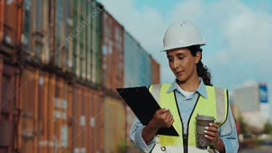 Latina Forewoman Walking Through The Warehouse, Holding Tablet With Calculations, Dressed In Safety Uniform.