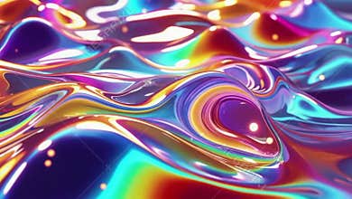 Rainbow liquid glass waves. Hypnotic abstract liquid movement with holographic reflections.