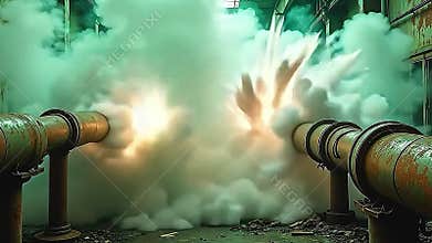 indium an abandon factory, hit burst steamer explosion vista energetically, with every drag of steamer Generative AI