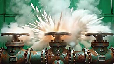 indium an abandon industrial plant, valve burst steamer explosion vista intermittently, the heavyset vapour Generative AI