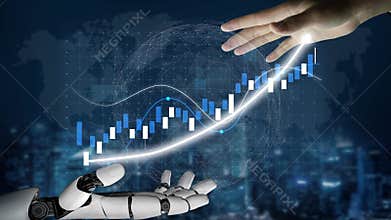 Futuristic Collaboration Between Human Hand and Robotic Arm Symbolizing Technological Progress and Economic Growth in