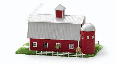 Charming Red Barn Model with Silo and Fence on Green Grass