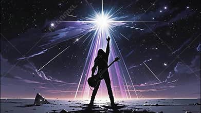 A metal rock guitarist stands on the ground under a huge starry sky.