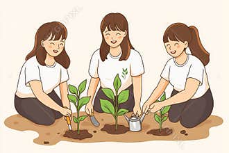 Modern illustration of a young woman enthusiastically planting trees, watering them, and watching them grow, while