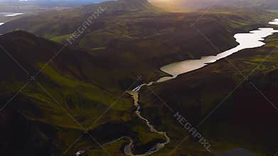 Aerial View of Maelifell Volcano, Rivers, and Lakes at Sunset