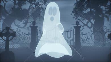 Single white ghost dancing at cemetery. Haunting Halloween animation of supernatural spirit in misty graveyard atmosphere at