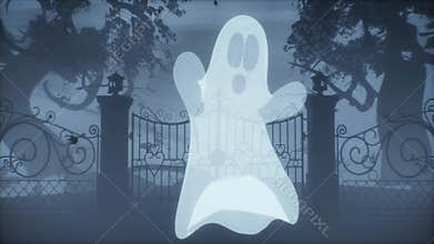 Single white ghost dancing at cemetery. Haunting Halloween animation of supernatural spirit in misty graveyard atmosphere at