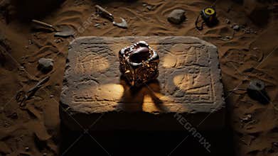 Exploring ancient secrets as an ornate artifact illuminates a desert excavation site at dusk Generative AI