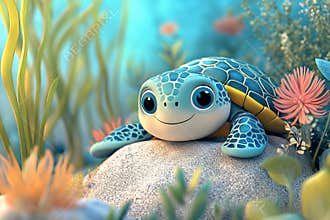 Cheerful Cartoon Turtle Surrounded by Colorful Ocean Plants