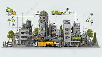 Detailed isometric 3D illustration of a recycling plant with waste trucks, conveyor belts, and eco-friendly processing machines.