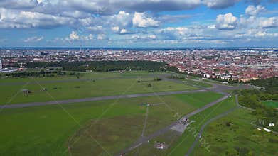 Tempelhofer Feld with Berlin Skyline Summer. Amazing aerial view flight drone