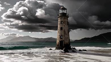 Weather beaten Lighthouse on a Stormy Beach with Crashing Waves and Dramatic Sky