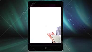 Hand using tablet to view clips of business people