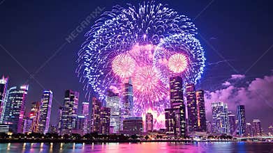 Nighttime cityscape with glowing skyscrapers reflecting on water, capturing urban luminescence and architectural grandeur of
