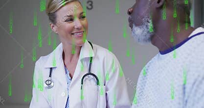 Physician entering exam room greeting patient, offering reassurance with green code overlay