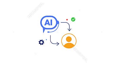 Illustration of Artificial Intelligence Communicating with Human User Featuring Speech Bubble, Gear Icon, and Validation