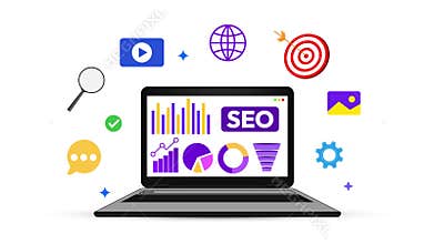 Laptop Displaying SEO Charts and Marketing Icons Representing Search Engine Optimization Strategy,