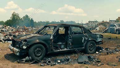 Wrecked car sits in a junkyard with scrap metal and debris scattered around it under a blue sky with scattered clouds above it all