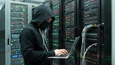 Masked hacker using a laptop in a server room to perform a cyber attack on a network with blinking lights and cables running