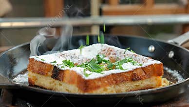 Steaming french toast dessert with powdered sugar and herbs in a skillet ready to be served for breakfast or brunch meal