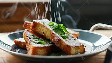 French toast with powdered sugar and mint being sprinkled on a blue plate for a delicious breakfast or brunch meal option