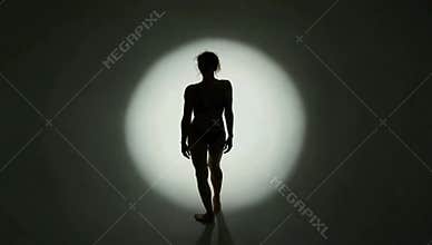 Silhouetted woman poses gracefully in a spotlight showcasing artistic expression and dance movement in a dark studio setting