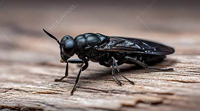 Macro Shot of a Black Soldier Fly on a Clean Wooden Texture Surface