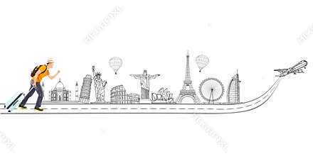 Young backpacker pulling a baggage to travel worldwide