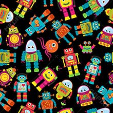 Seamless Tileable Vector Background Pattern with Cute Robots