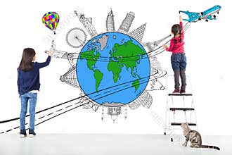 Two girl kids drawing worldwide map and famous landmark