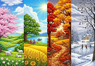 Four panels depict the four seasons. Spring features blooming