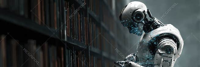 Robot Engaged in Reading Among Rows of Books in a Futuristic Library, Showcasing Advanced Technology and Artificial