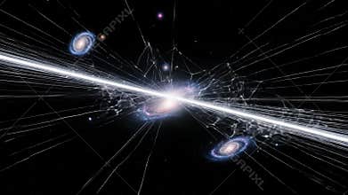 Exploring the cosmic web of quantum entanglement threads pulsing with light against a backdrop of swirling nebulae