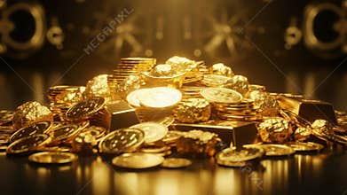 A Gleaming Pile of Gold Coins and Bars Represents Wealth and Fortune